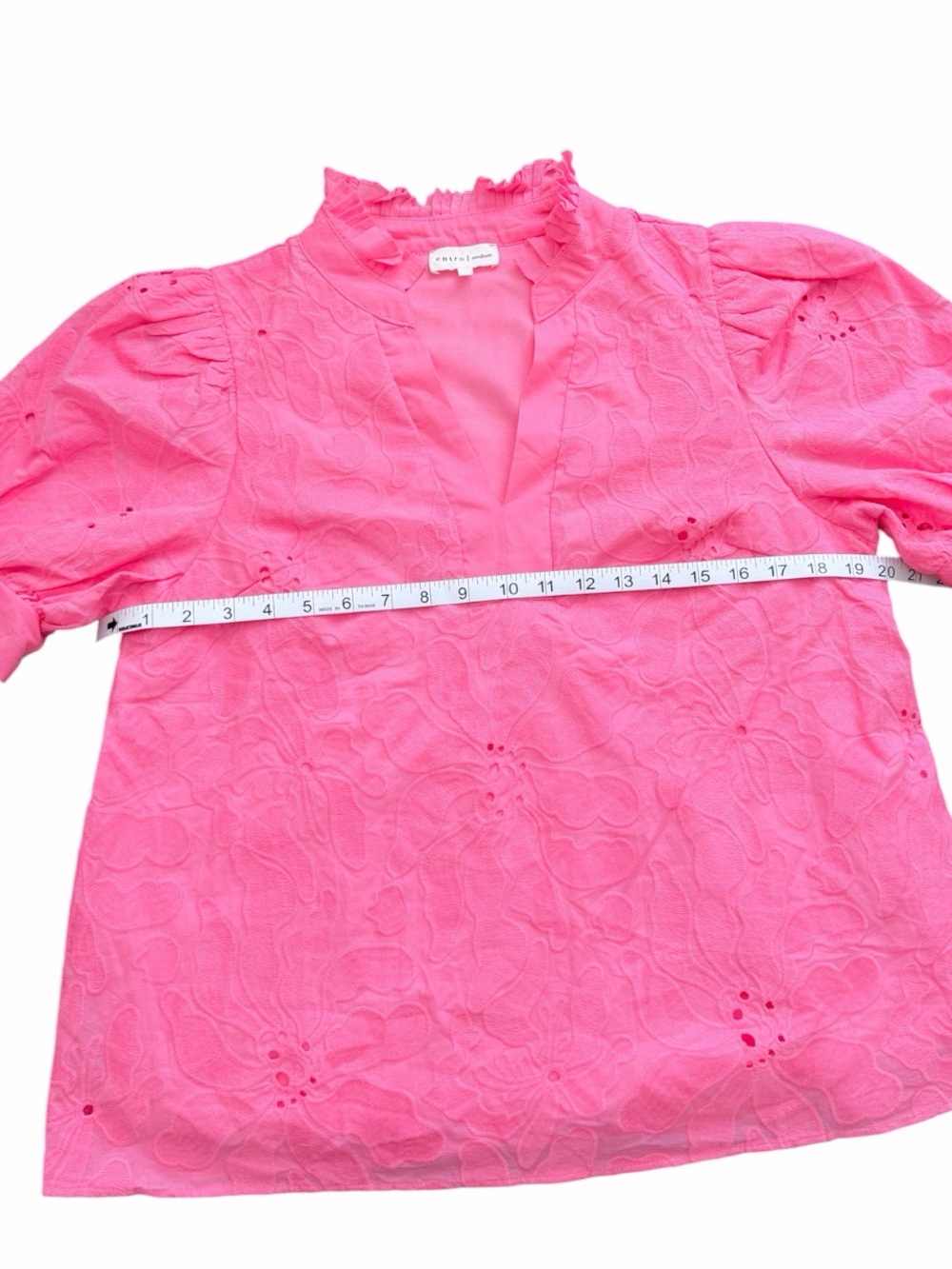 Entro Hot Pink Floral Eyelet Ruffle Neck Puff Sleeve Blouse Size M - Picture 11 of 13